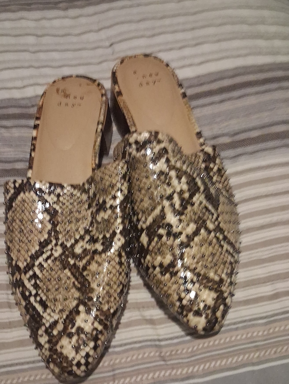 Snake-Print Sequin Mules - Women's Slip-On Flats in Beige/Black